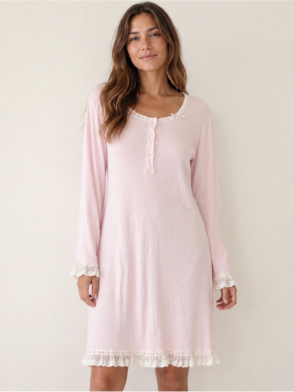 Vintage Pink 100% Cotton Lace Trim Nightgown Ribbed Henley Nightshirt M/L